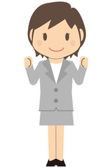 かわいいショートヘアのビジネスウーマン　グレーのスーツの女性　両手で小さくガッツポーズ