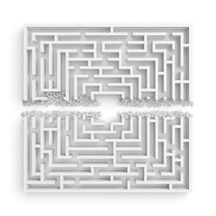 3d rendering of a white maze in front bottom view cut in straight line in half with rubble on the edges.