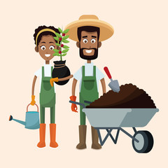 couple farmers wheelbarrow water can and plant vector illustration