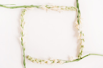Frame of white flowers on white background. Flat lay, top view.
