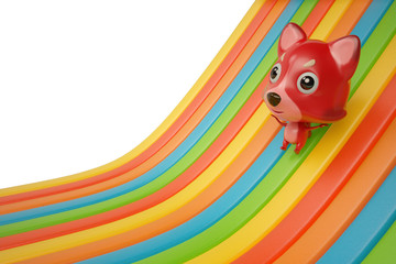 A cartoon firefox down on rainbow slide 3D rendering