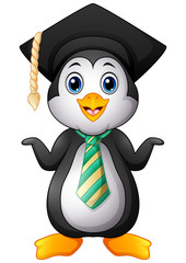Penguin cartoon with graduation cap and striped tie