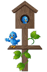 Cartoon blue bird in wooden mailbox 
