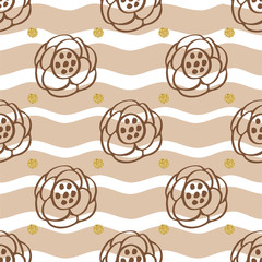 seamless hand drawn flower with gold dot glitter pattern on stripe background