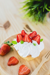 Homemade cake, fresh,  and delicious dessert with juicy strawberries, sweet whipped cream