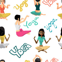Seamless textile pattern of the women involved in fitness yoga in sportswear. Vector flat cartoon background
