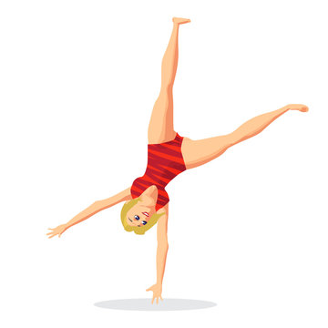 Rhythmic gymnastics. Sportswoman in a red sports uniform doing a somersault. Flat cartoon isolated vector illustration