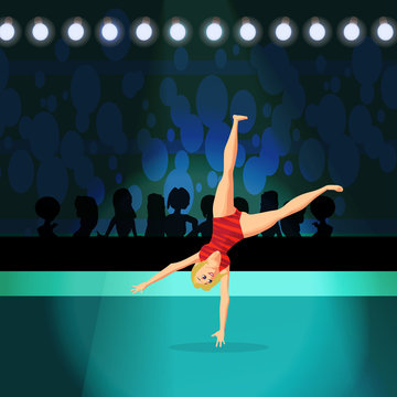 Girl doing Rhythmic Gymnastics on shiny stadium. Sportswoman in a red sports uniform doing a somersault. Flat cartoon vector illustration