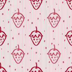 seamless hand drawn pink and red strawberry pattern on pink stripe background