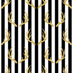 seamless gold glitter antler pattern on stripe background