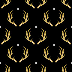 seamless gold glitter antler with silver dot glitter pattern on black background