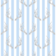 seamless silver glitter antler pattern on blue stripe background