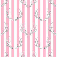seamless silver glitter antler pattern on pink stripe background