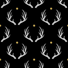 seamless silver glitter antler with gold dot glitter pattern on black background