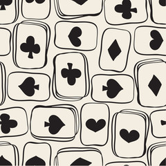 seamless monochrome hand drawn playing cards with spades ,diamonds, hearts and clubs pattern background