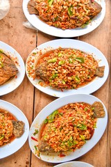 Traditional Thai Cuisine, Fried Fishes with Sweet, Sour, and Spicy Sauce