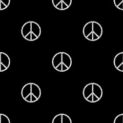 seamless silver glitter peace sign pattern on black background