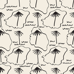 seamless monochrome hand drawn island pattern background with palm tree , wave and wind