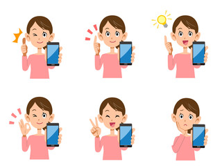 女性　スマートフォン　表情としぐさのセット