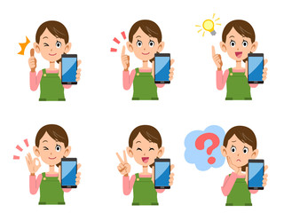 主婦　スマートフォン　表情としぐさのセット