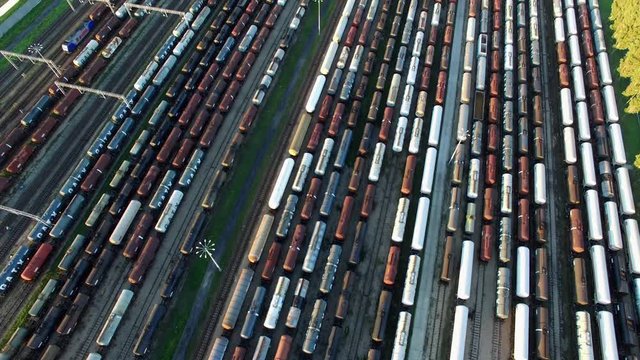 Aerial Of Tanker Freight Trains In Train Depot