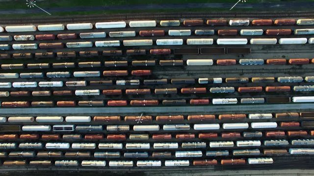 Aerial Of Tanker Freight Trains In Train Depot