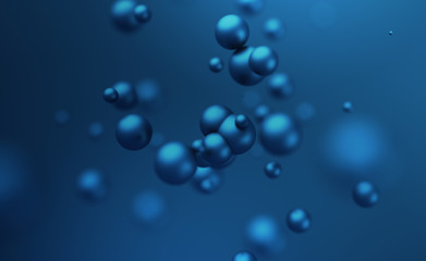 Abstract 3d rendering of chaotic spheres. Flying particles in empty space. Dynamic shape. Futuristic background with bokeh, depth of field effect. Design for poster, banner, placard.