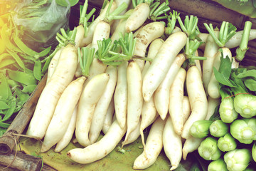 white radish root at the street market in Thailand