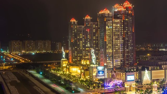 famous night light macau city grand hotel side panorama 4k time lapse china
