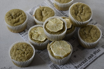 Japanese Matcha Green tea cake. Tea, cake and lime