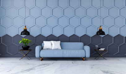 Modern room interior, blue fabric sofa on marble flooring and blue with black  Hexagon Mesh wall  /3d render