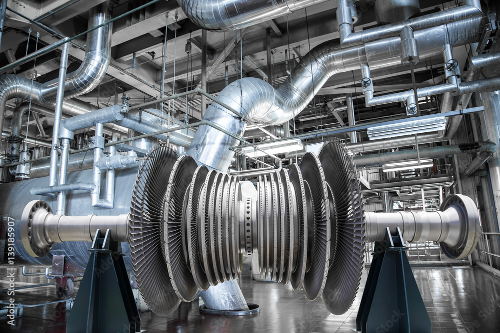 Wall mural steam turbine of power generator in an industrial thermal power plant