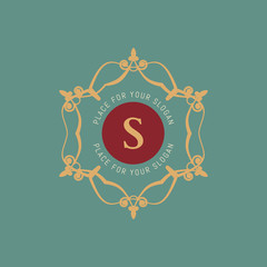 The letter S. Flourishes calligraphic monogram emblem template. Luxury elegant frame ornament line logo design vector illustration. Example designs for Cafe, Hotel, Heraldic, Restaurant, Boutique