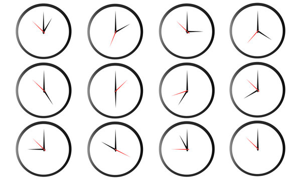 Set of round clocks showing various time isolated on white background. World clock, time zone. Vector illustration