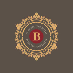 The letter B. Flourishes calligraphic monogram emblem template. Luxury elegant frame ornament line logo design vector illustration. Example designs for Cafe, Hotel, Heraldic, Restaurant, Boutique
