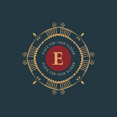 The letter E. Flourishes calligraphic monogram emblem template. Luxury elegant frame ornament line logo design vector illustration. Example designs for Cafe, Hotel, Heraldic, Restaurant, Boutique