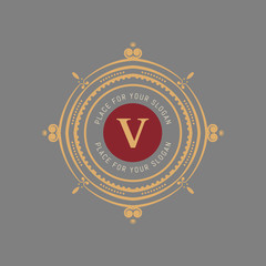 The letter V. Flourishes calligraphic monogram emblem template. Luxury elegant frame ornament line logo design vector illustration. Example designs for Cafe, Hotel, Heraldic, Restaurant, Boutique