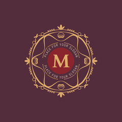 The letter M. Flourishes calligraphic monogram emblem template. Luxury elegant frame ornament line logo design vector illustration. Example designs for Cafe, Hotel, Heraldic, Restaurant, Boutique