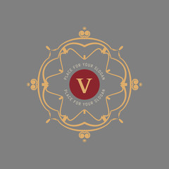 The letter V. Flourishes calligraphic monogram emblem template. Luxury elegant frame ornament line logo design vector illustration. Example designs for Cafe, Hotel, Heraldic, Restaurant, Boutique