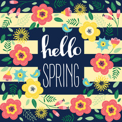 Floral greeting card with flowers. Hello spring. Vector illustration