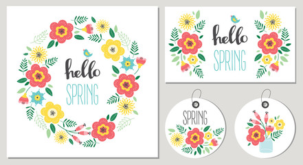 Hello spring floral card set. Flower wreth. Vector illustration