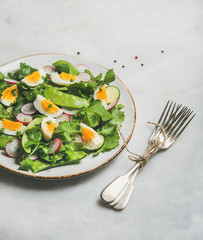Healthy spring green salad with radish, boiled egg, arugula, green pea and mint in white plate over grey marble background, selective focus