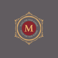 The letter M. Flourishes calligraphic monogram emblem template. Luxury elegant frame ornament line logo design vector illustration. Example designs for Cafe, Hotel, Heraldic, Restaurant, Boutique