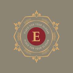 The letter E. Flourishes calligraphic monogram emblem template. Luxury elegant frame ornament line logo design vector illustration. Example designs for Cafe, Hotel, Heraldic, Restaurant, Boutique