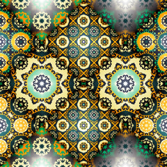 Vector abstract seamless patchwork pattern. Arabic tile texture with geometric and floral ornaments, stylized flowers, dots and lace. Vintage vector card.