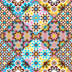 Vector abstract seamless patchwork pattern. Arabic tile texture with geometric and floral ornaments, stylized flowers, dots and lace. Vintage vector card.