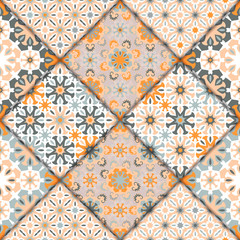 Vector abstract seamless patchwork pattern. Arabic tile texture with geometric and floral ornaments, stylized flowers, dots and lace. Vintage vector card.
