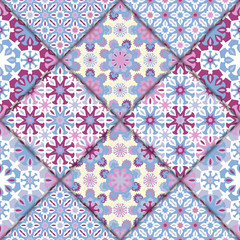 Vector abstract seamless patchwork pattern. Arabic tile texture with geometric and floral ornaments, stylized flowers, dots and lace. Vintage vector card.