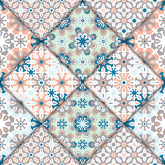 Vector abstract seamless patchwork pattern. Arabic tile texture with geometric and floral ornaments, stylized flowers, dots and lace. Vintage vector card.