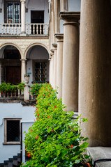 Fototapeta na wymiar Italian courtyard with flowers on the railing